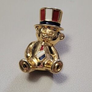 Vintage AVON Signed Stars & Stripes Teddy Bear Patriotic Top Hat Pin 1-3/8"